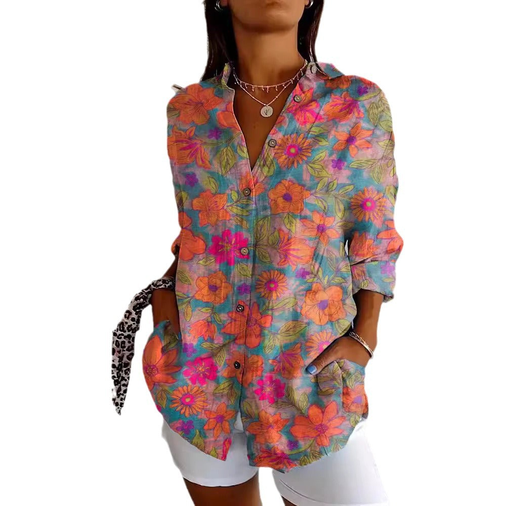 Women's Shirt Summer Trendy Printed Floral Sleeve Pattern Blouse
