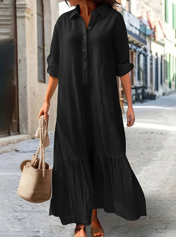 Cotton Linen Long Irregular Shirt Collar Skirts
