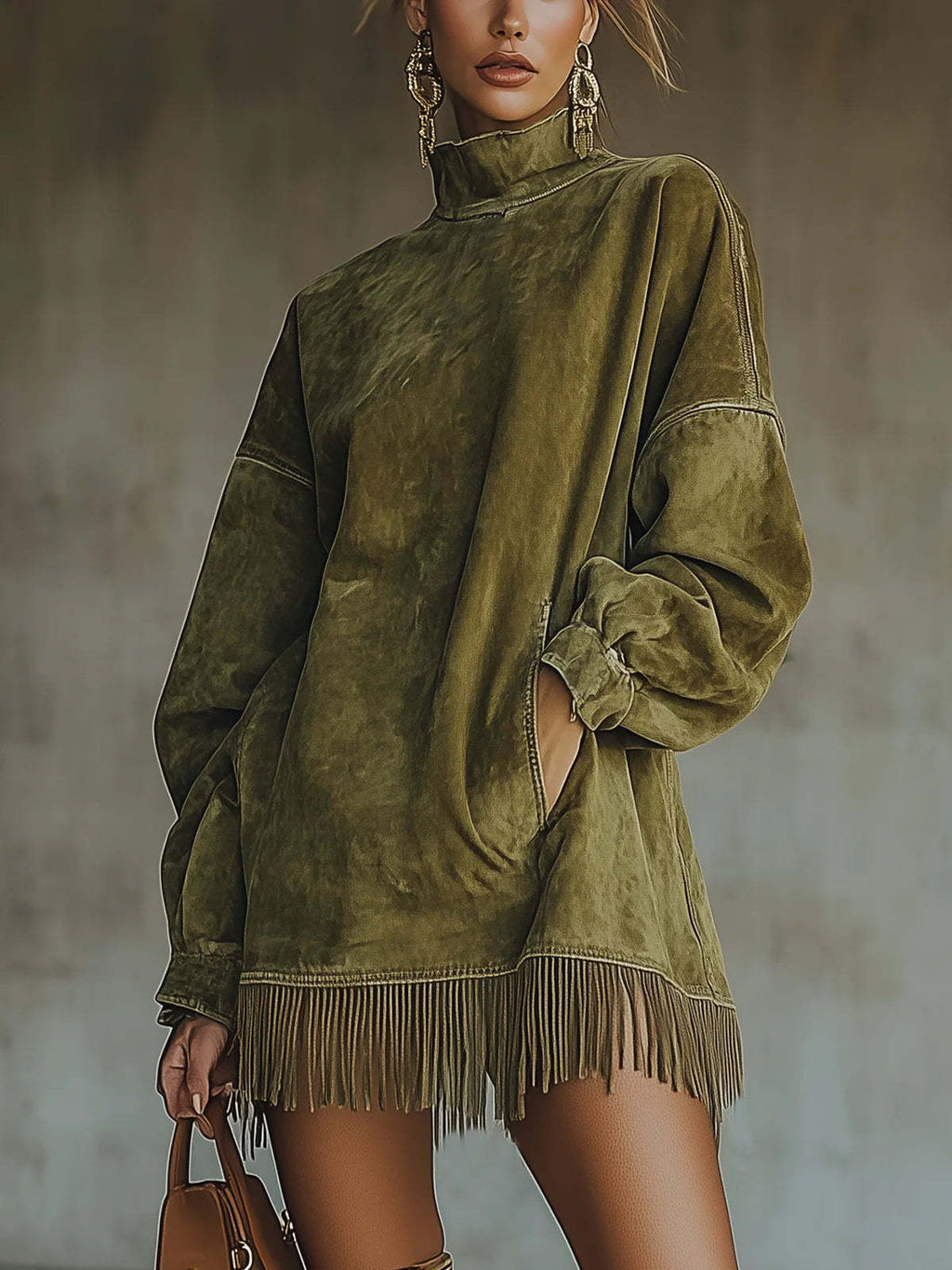 High Collar Loose Pocket Tassel Long Sleeve Dress