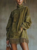 High Collar Loose Pocket Tassel Long Sleeve Dress