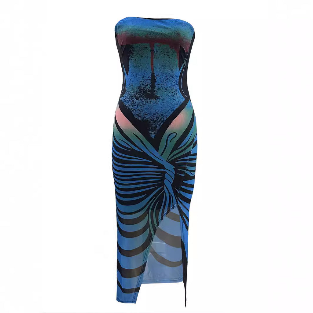 Women's Mesh Floral Print Strapless High Slit Sexy Dress