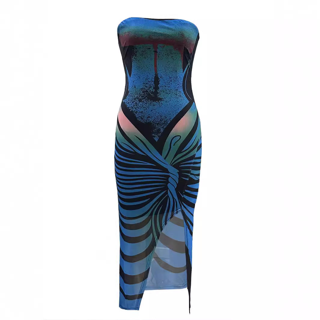 Women's Mesh Floral Print Strapless High Slit Sexy Dress