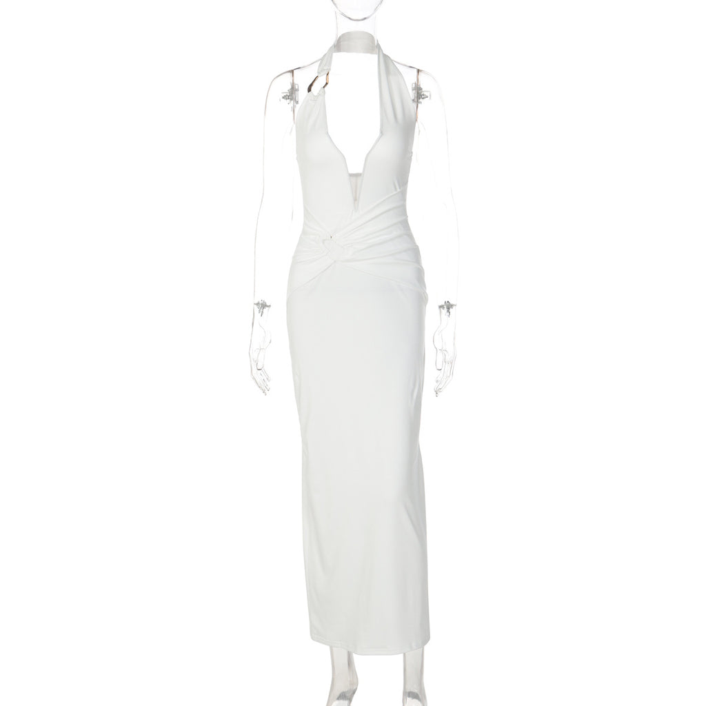 Women's Sexy Stitching Steel Ring Halter Slim Fit Pleated Patch Long Dress
