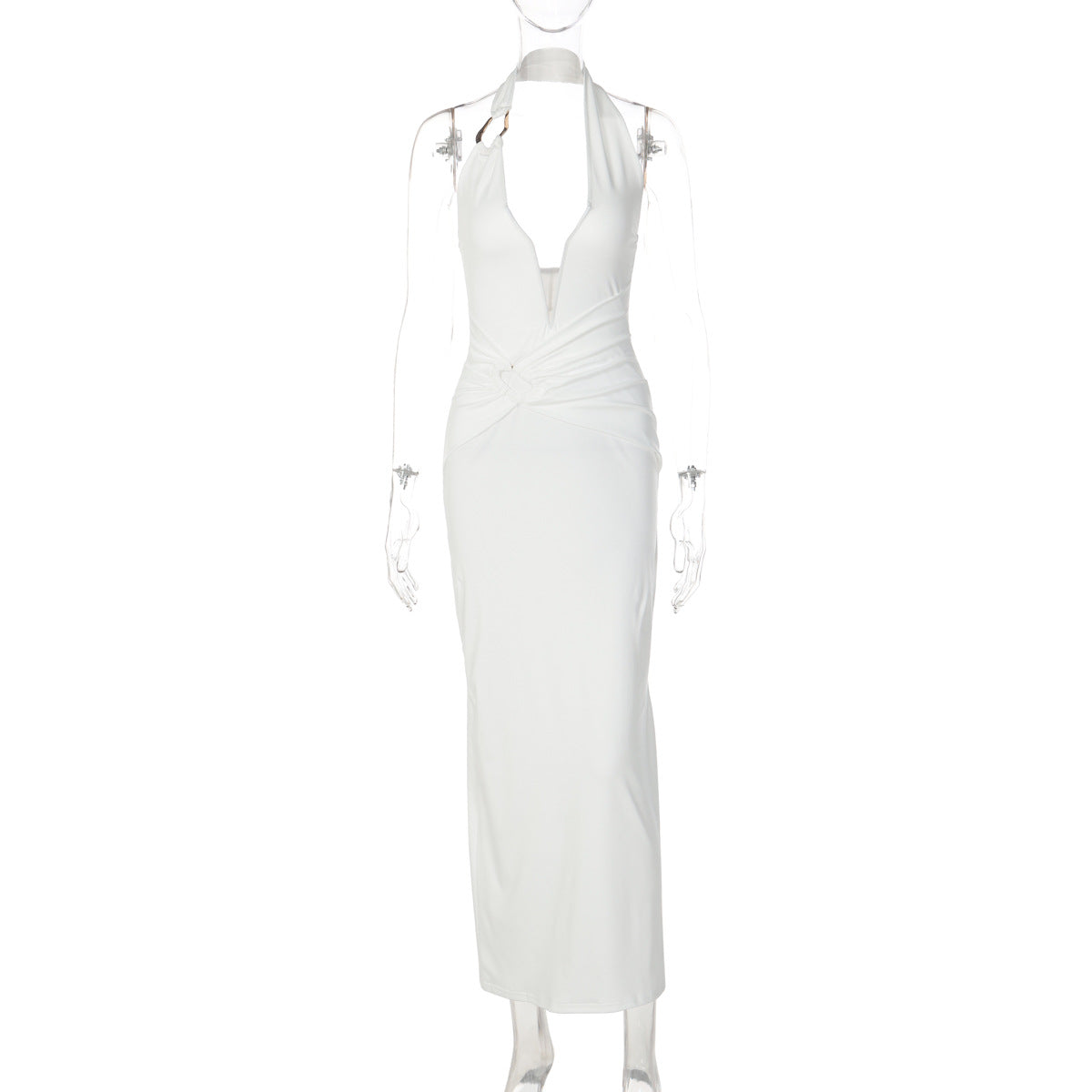 Women's Sexy Stitching Steel Ring Halter Slim Fit Pleated Patch Long Dress