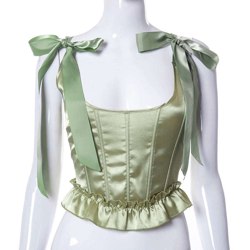 Nine Fishbone Waist Bow Shoulder Strap Ruffled Female Women's T-shirt
