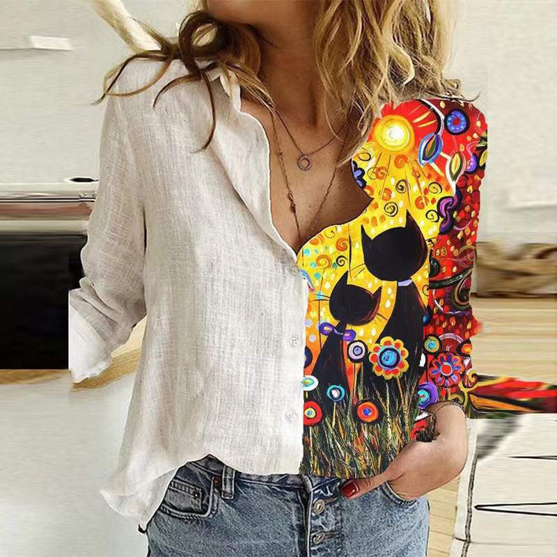 Classic Women's Shirt Printed Long-sleeved Casual Blouse
