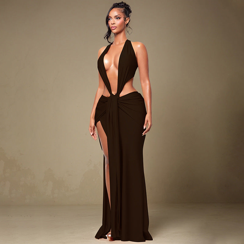 Women's Spring Pure Color Halter Sleeveless Sexy Backless Deep V Ribbon Dress