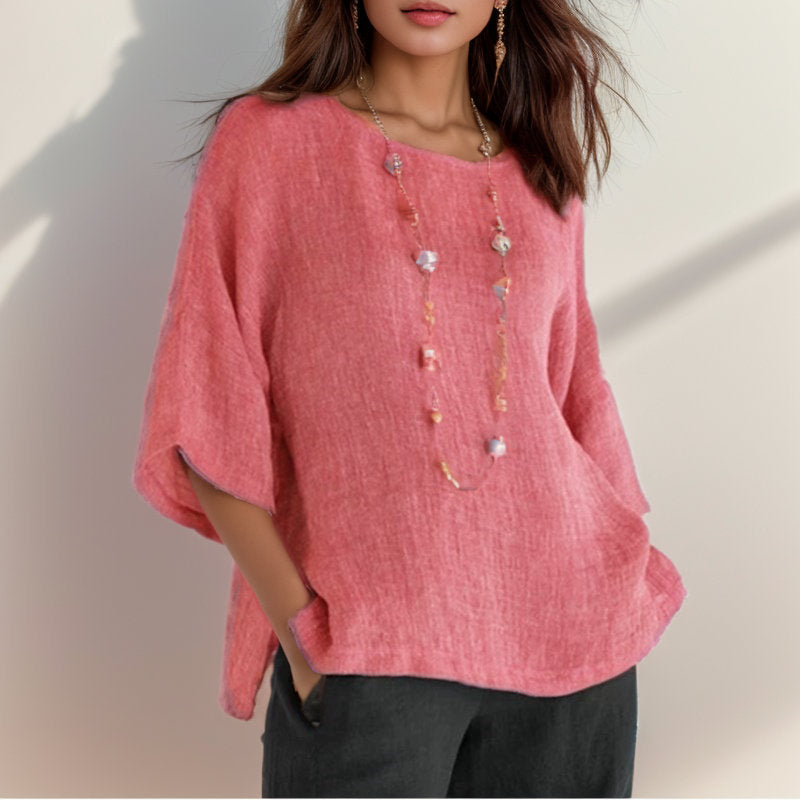 Women's Retro Shirt Three-quarter Sleeve Round Neck Cotton Blouse