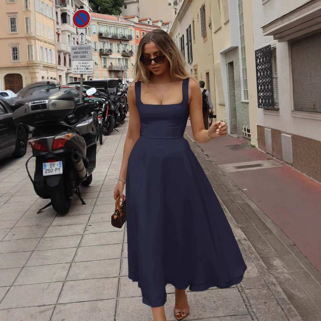 Women's Square Collar Sleeveless Waist Trimming Spaghetti Dress