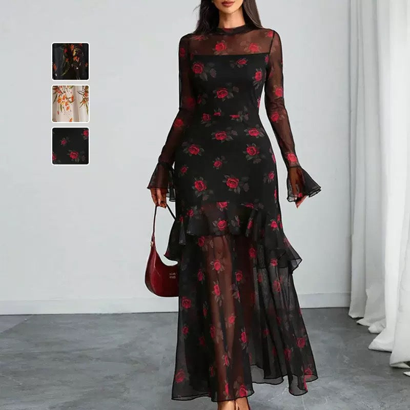 Printed Black Ruffle Sleeve Plant Flower Print Niche Female Dress
