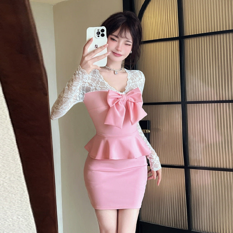 Women's Sexy Lace Stitching Long Sleeve Narrow Bottoming Dress