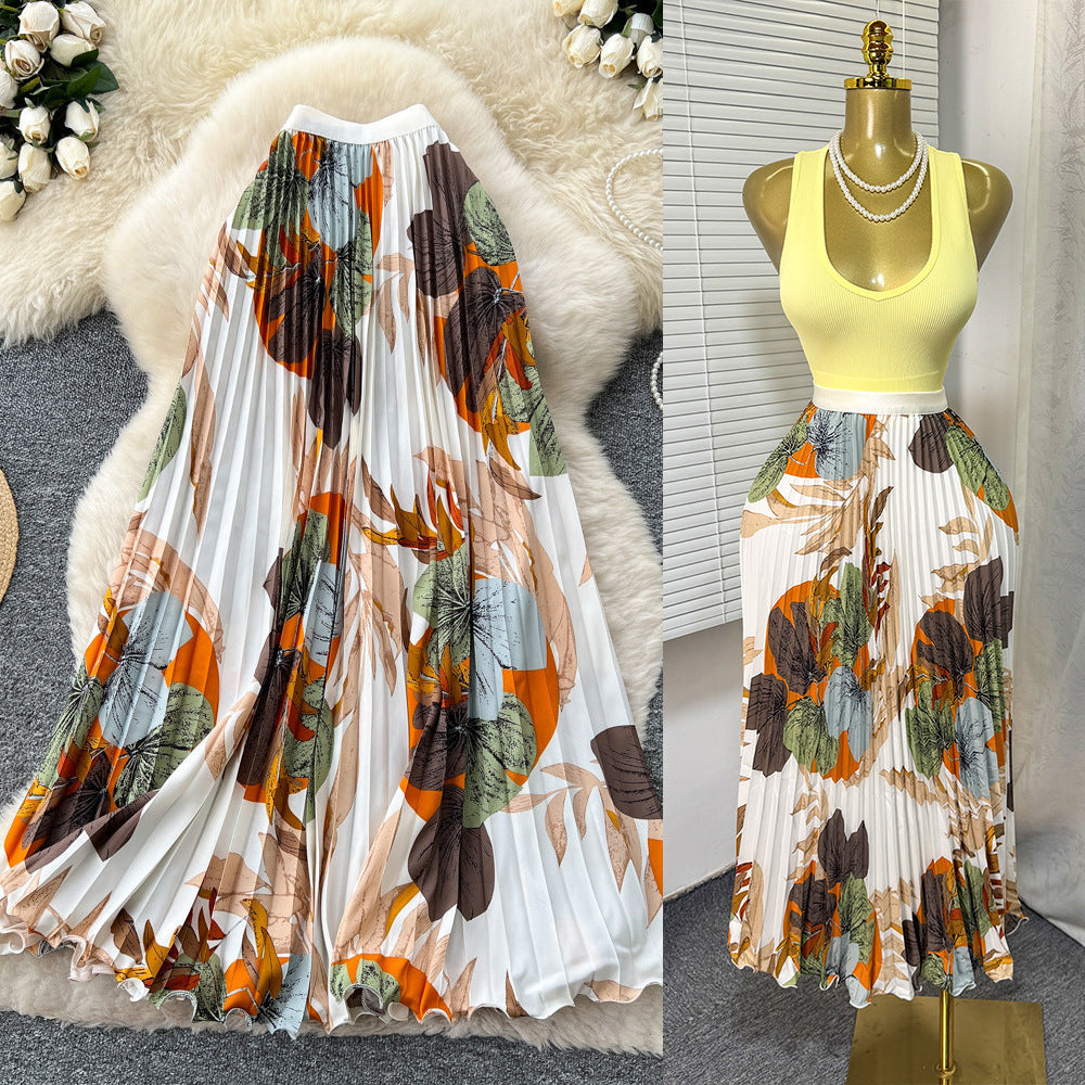 Women's Retro Printed High Waist A- Line Mid-length Pleated Large Hem Skirt