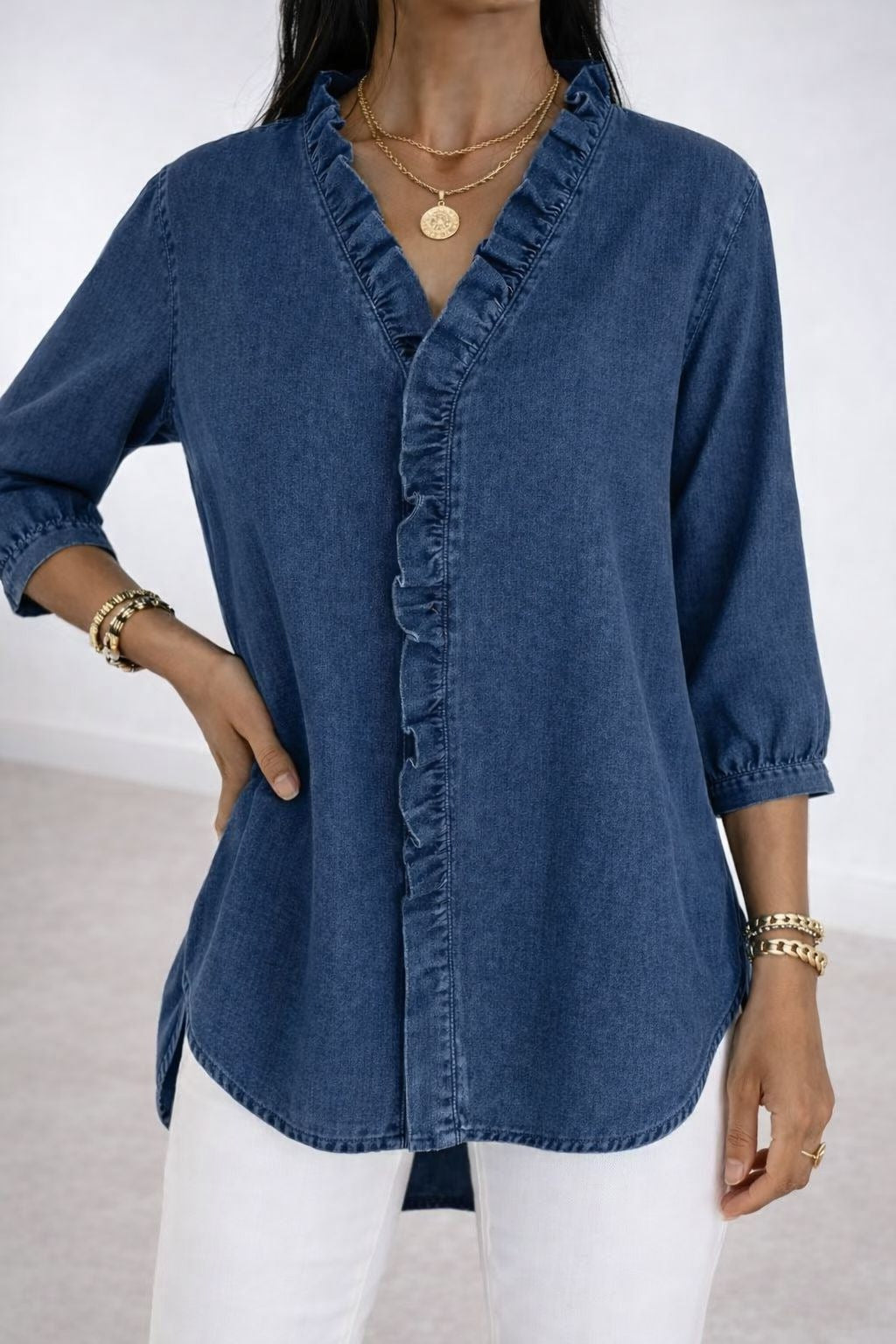 Women's Ruffled Casual Shirt Imitation Denim Ladies Blouse