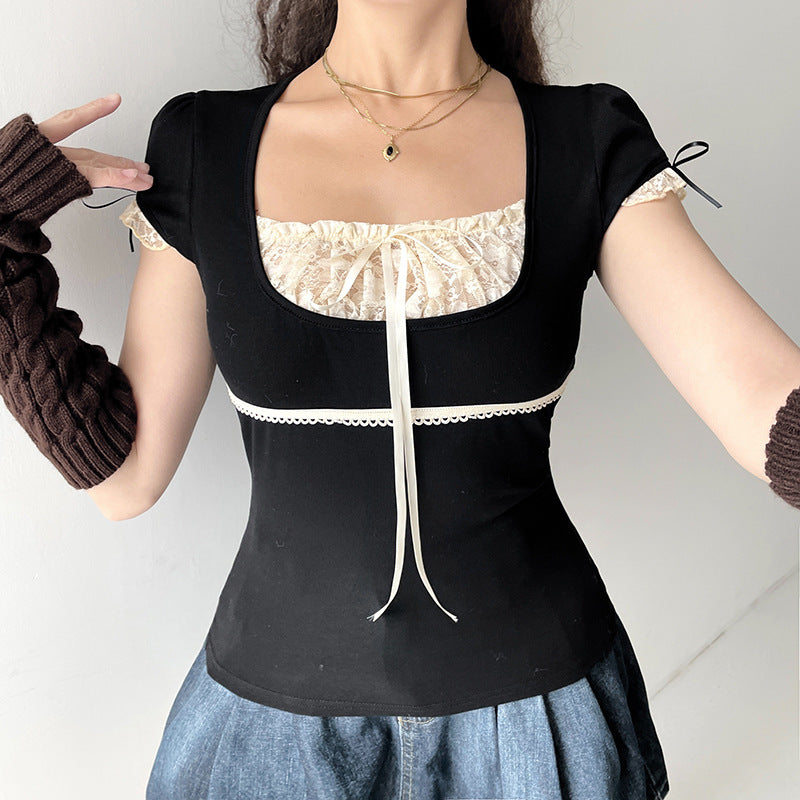Women's Winter Color Contrast Patchwork Lace Square Collar Tops