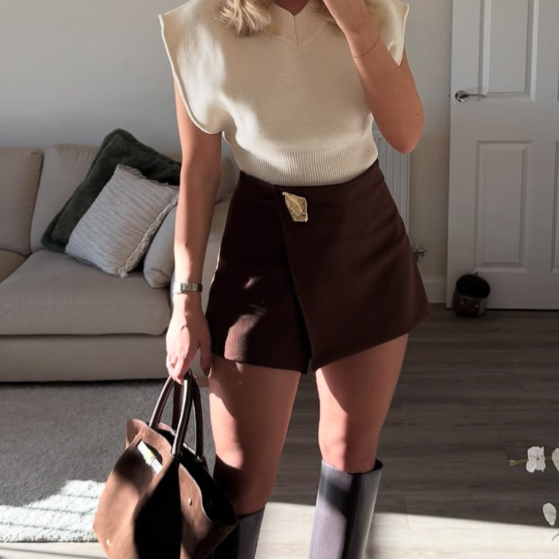 Women's Autumn Asymmetric Metal Decorative Culottes Skirt