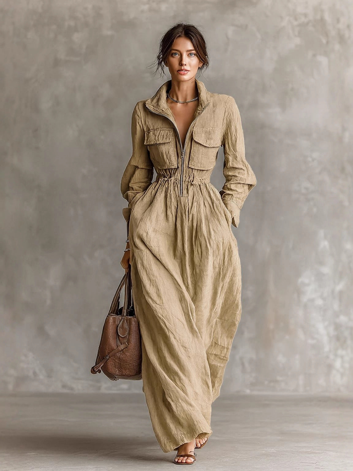 Women's Style Zipper Lapel Elastic Waist Long Vacation Dress