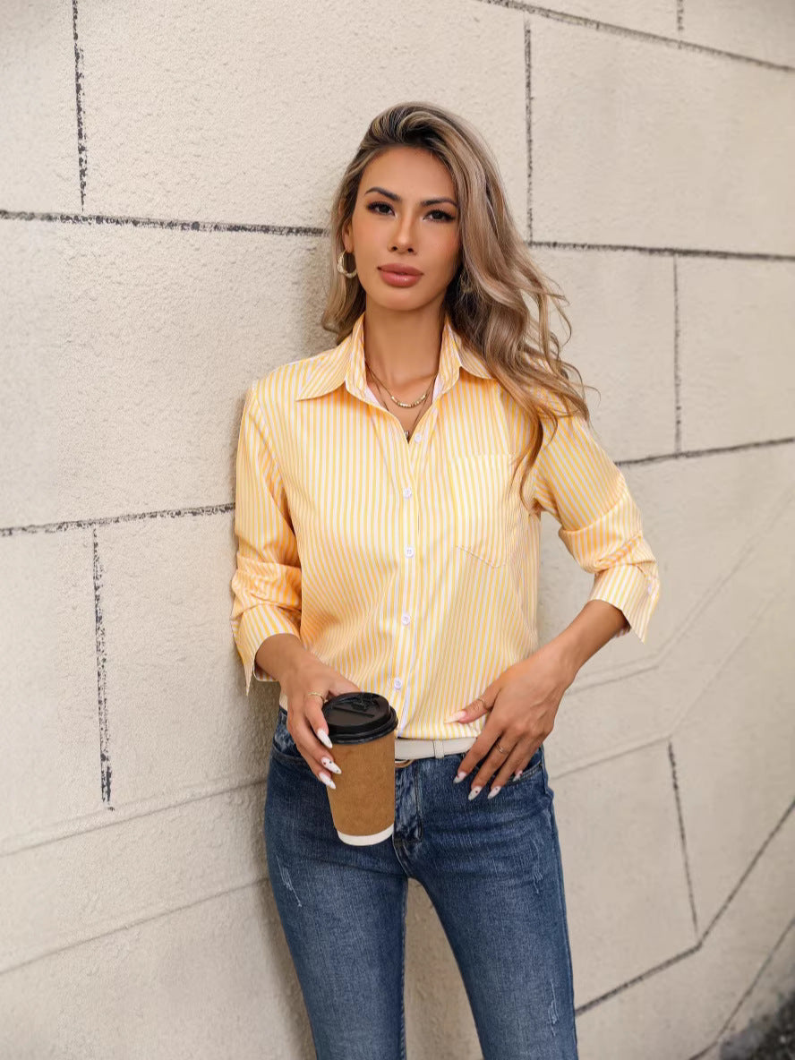 Women's Striped Loose Casual Collared Long-sleeved Shirt Blouse