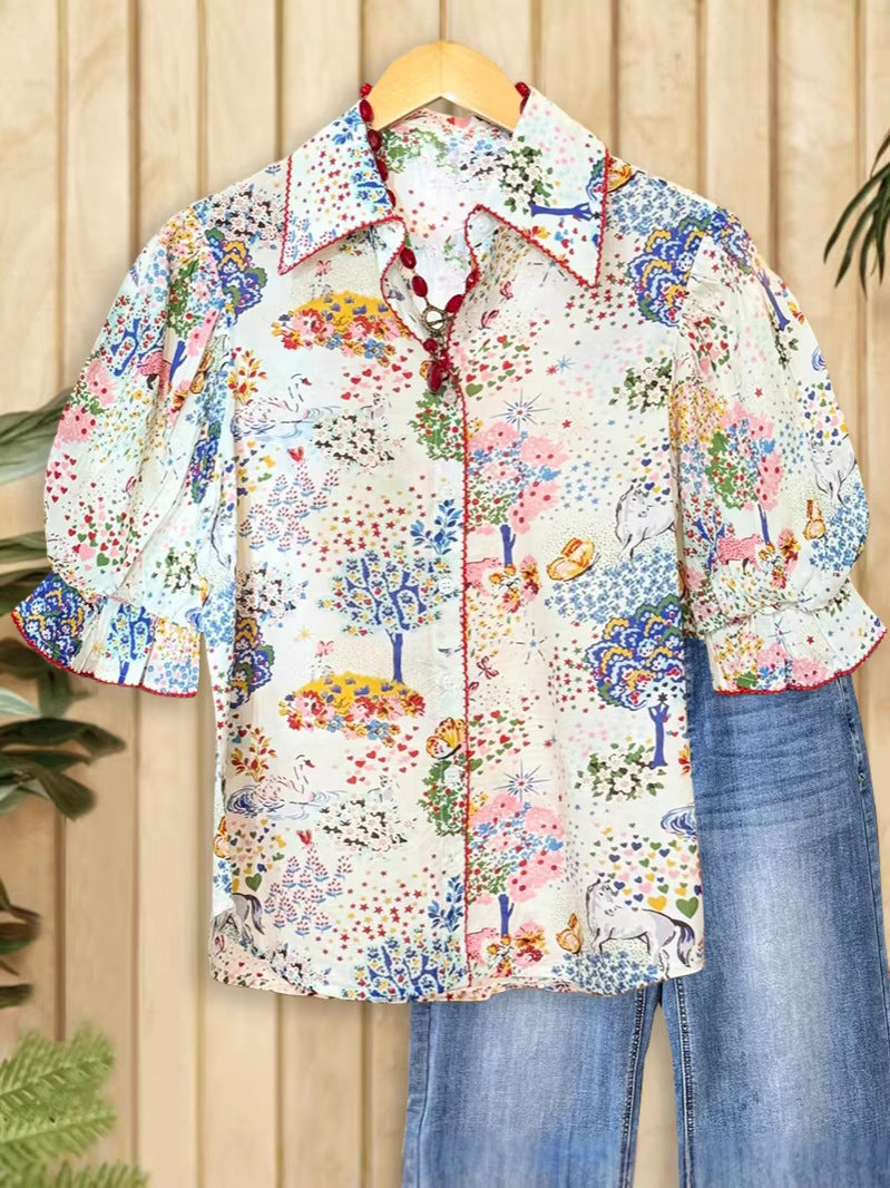 Women's Summer Artistic Vintage Small Floral Half Sleeve Shirt Dog Teeth Tops
