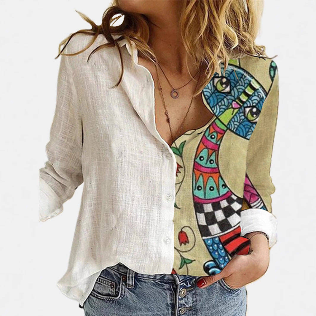 Classic Women's Shirt Printed Long-sleeved Casual Blouse
