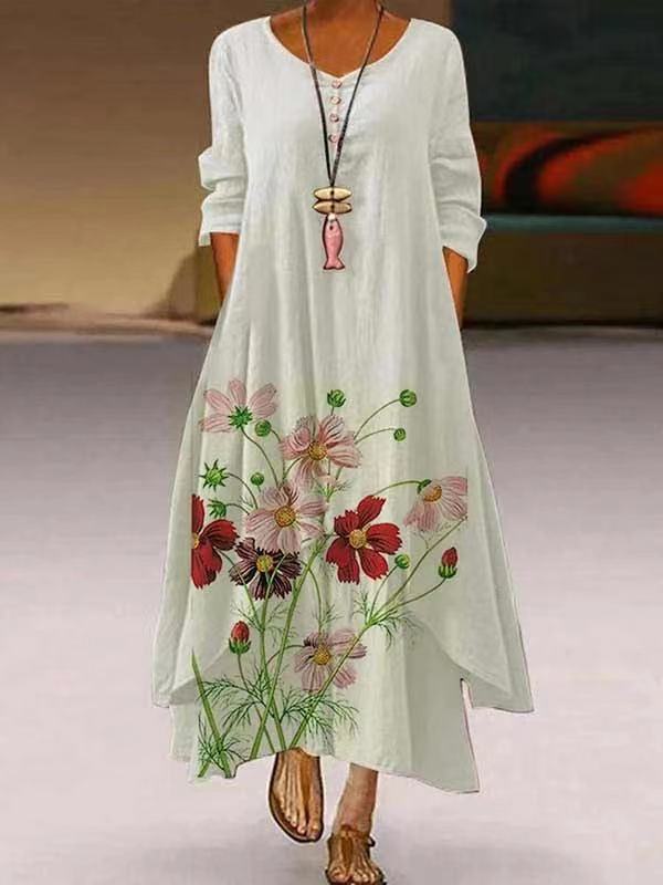 Women's Popular Printed Long-sleeved Hem Irregular Long Dress
