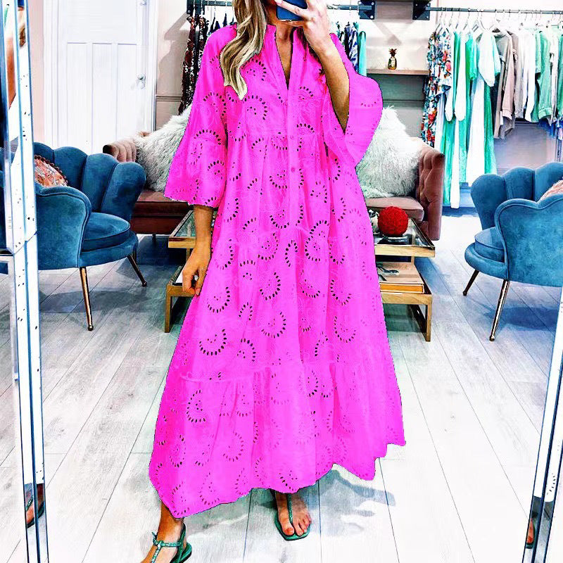 Women's French Style Bell Sleeve Lace Solid Color Sexy Long Dress