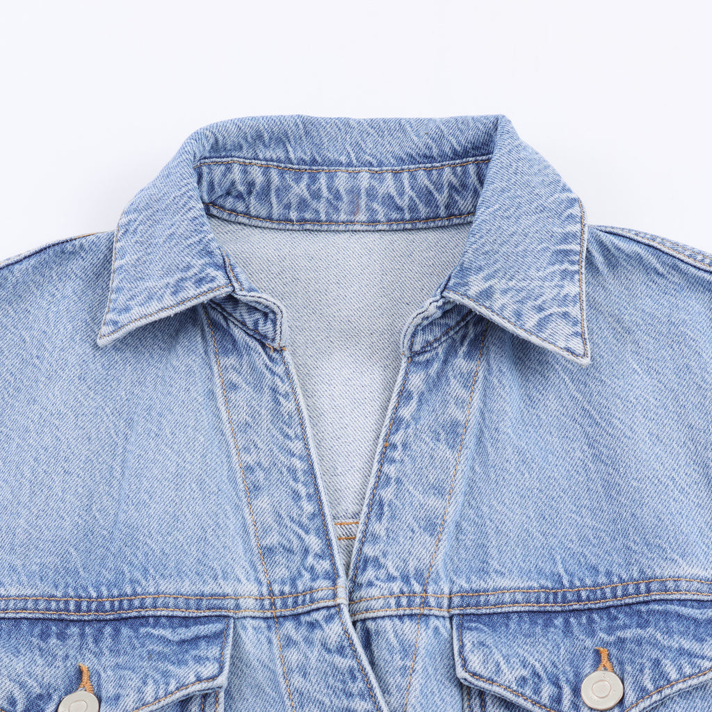 Women's Spring Rollneck Shirt Pocket Denim Shorts