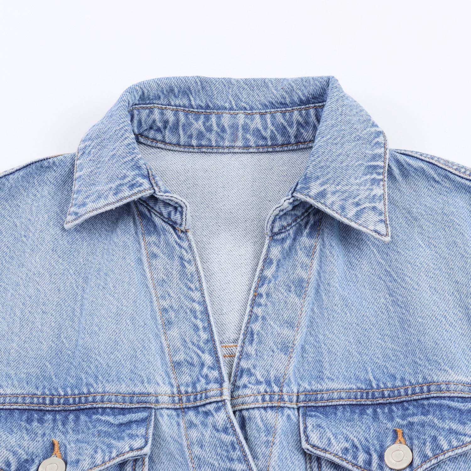 Women's Spring Rollneck Shirt Pocket Denim Shorts