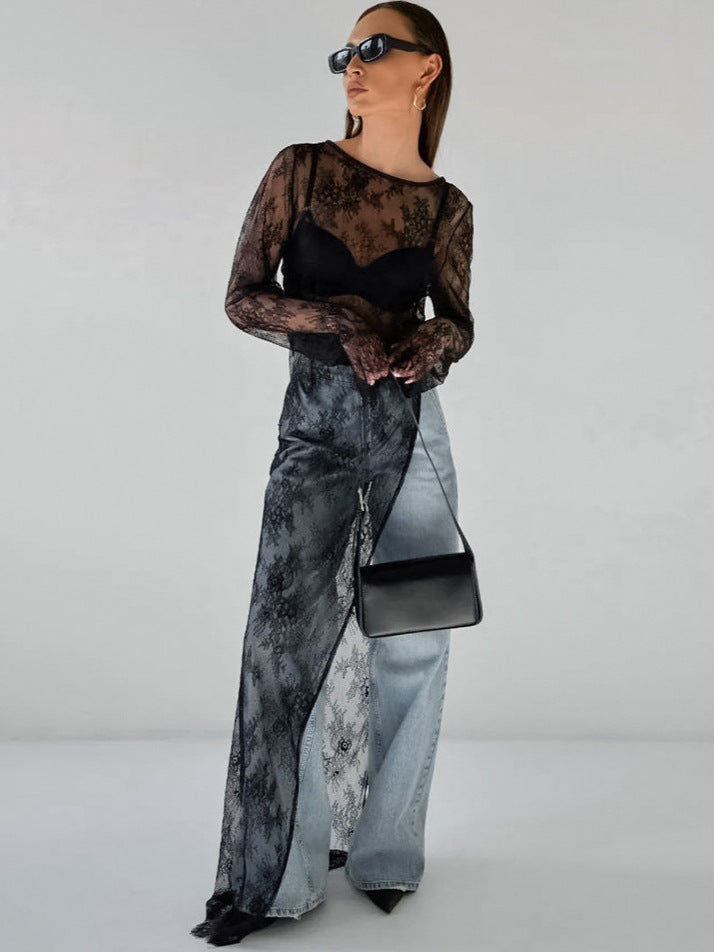 Women's Sexy Black Jacquard Lace Knitted Slit Dress