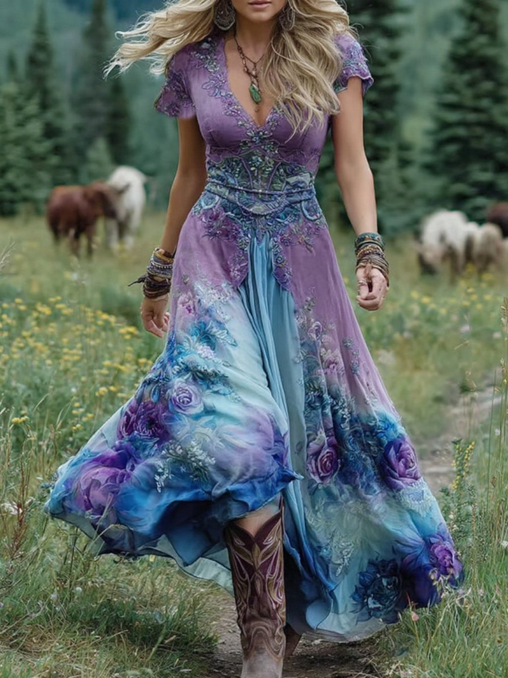 Women's Creative Totem Printed Wear Summer Sleeve Dress