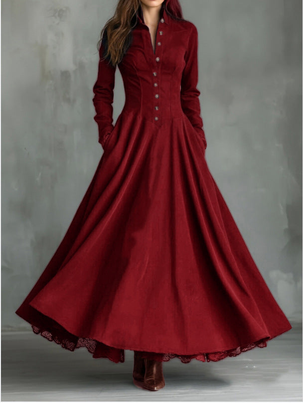 Style Retro Elegant Suede Lace Stitching Dress