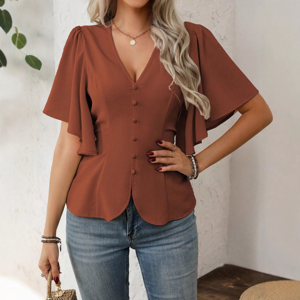 Women's Fashionable Elegant Style Deep Solid Color Single-breasted Waist Tops