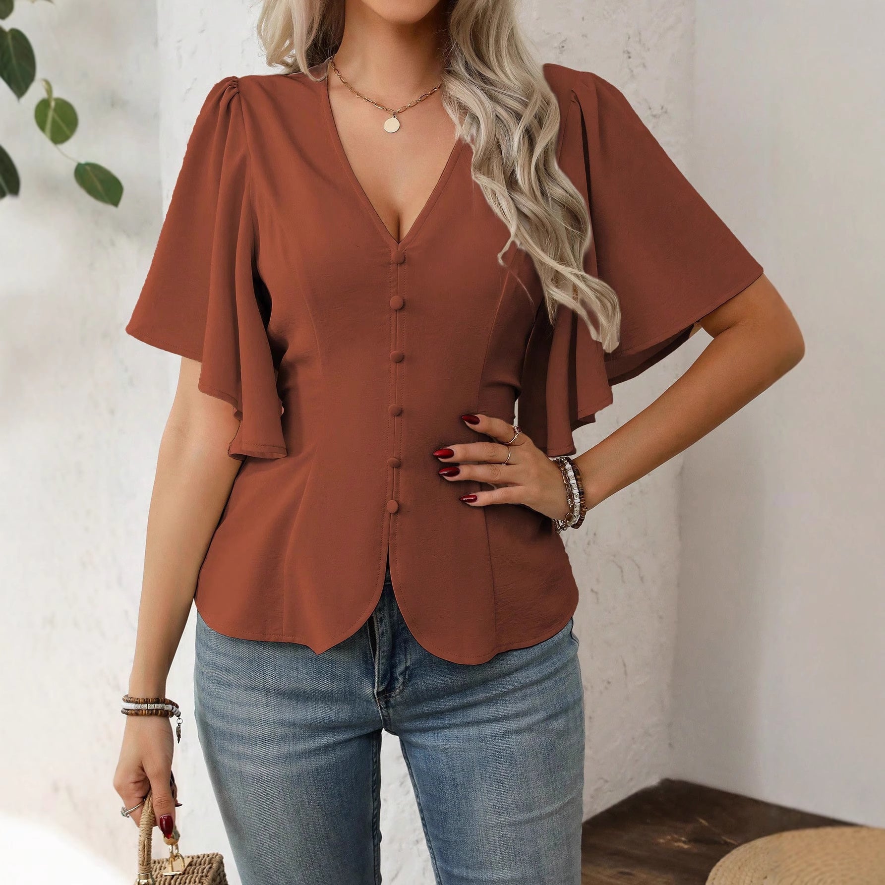 Women's Fashionable Elegant Style Deep Solid Color Single-breasted Waist Tops