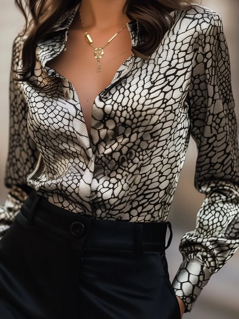 Women's Elastic Satin Printed Leopard Print Leisure Loose Shirt Tops