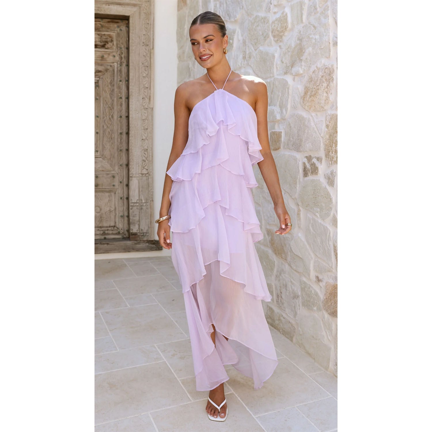 Ruffled Elegant Halter Solid Color Cake Dress