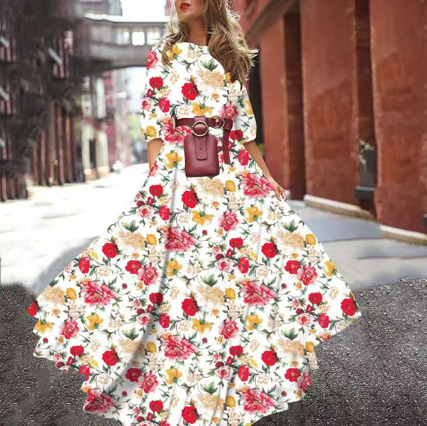 Printed Large Swing Elegant Chiffon Floral Dress