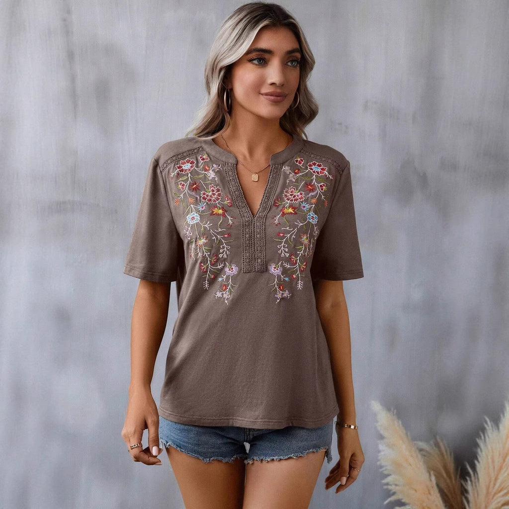 Women's Summer Fashion Ten Thousand Needles Embroidery Stitching Blouses