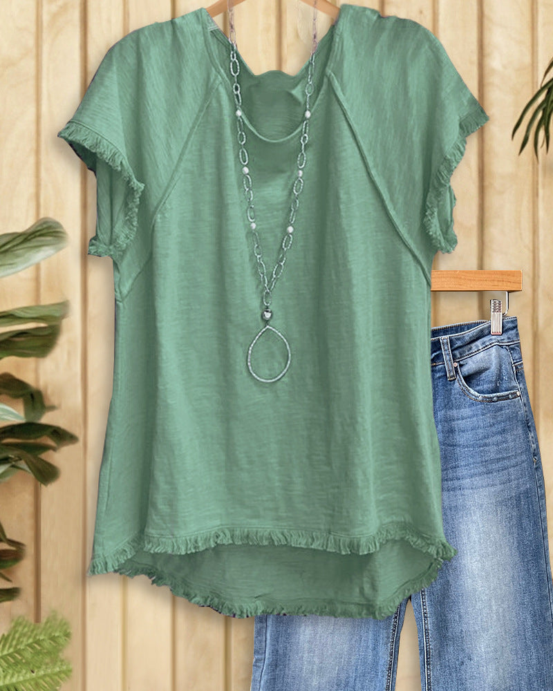 Women's Solid Color Cotton Tassel Design Sleeve Crew Neck Women's Sweater