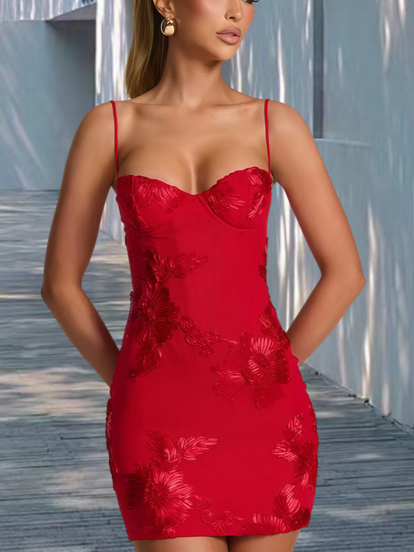 Red Three-dimensional Flower Embroidered Strap Elegant Dress