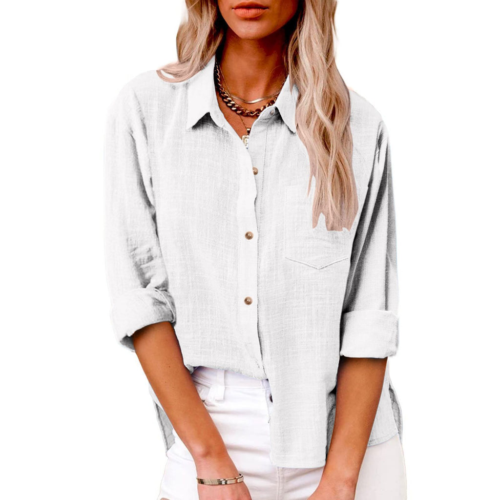 Women's Solid Colored Lapel Button Long-sleeved Cotton Linen Blouse