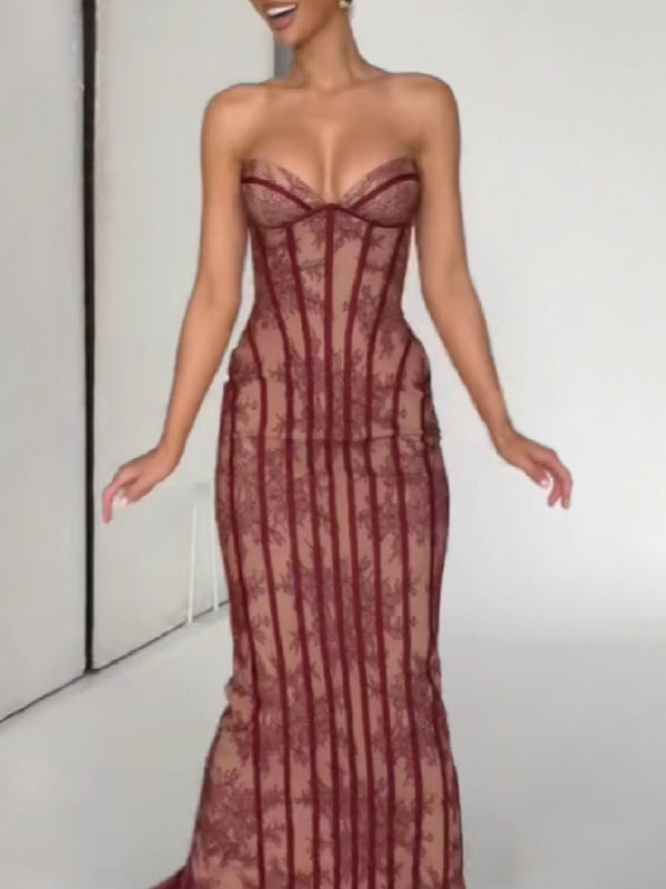 Women's Fishbone Lace Sheath Sleeveless Tube Dress