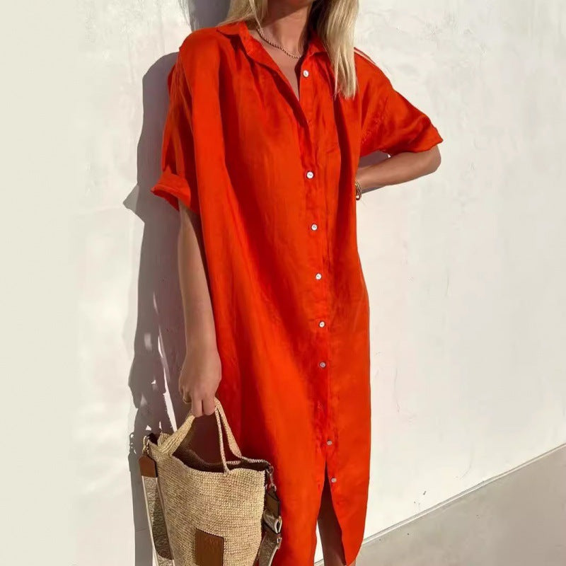 Women's Elegant Casual Loose Sleeves Button Cotton Linen Long Pocket Shorts