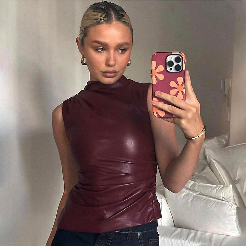 Women's Leather Cascading Collar Personalized Oblique Sleeveless Women's T-shirt