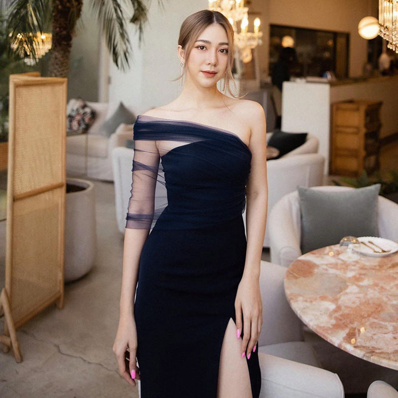 Summer Satin Split Micro Yarn Sexy Tuxedo Dress