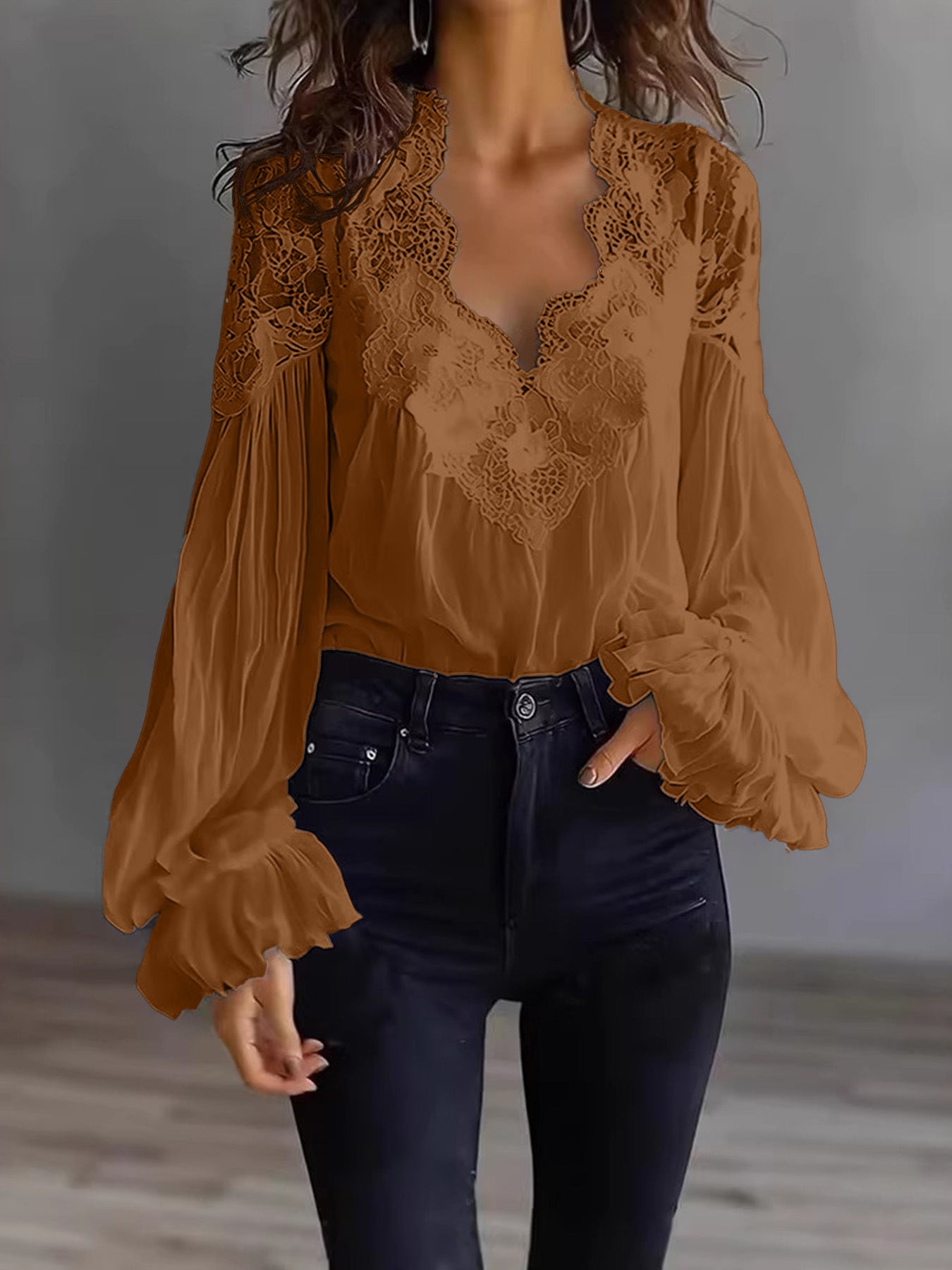 Women's Lace Stitching Puff Sleeve Pleated Shirt Blouse