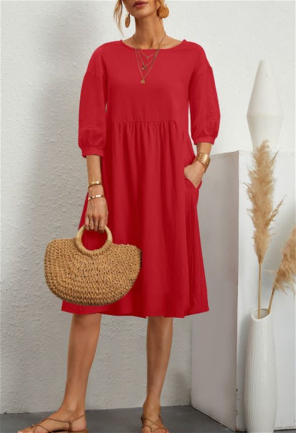 Cotton Linen Solid Color Lantern Sleeve Pleating Loose Skirts
