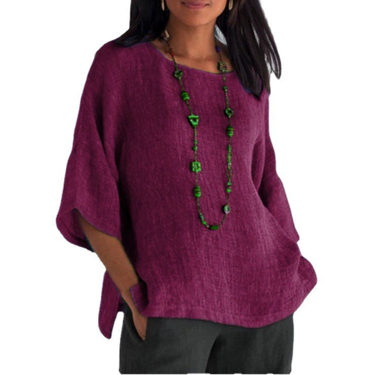 Women's Retro Shirt Three-quarter Sleeve Round Neck Cotton Blouse