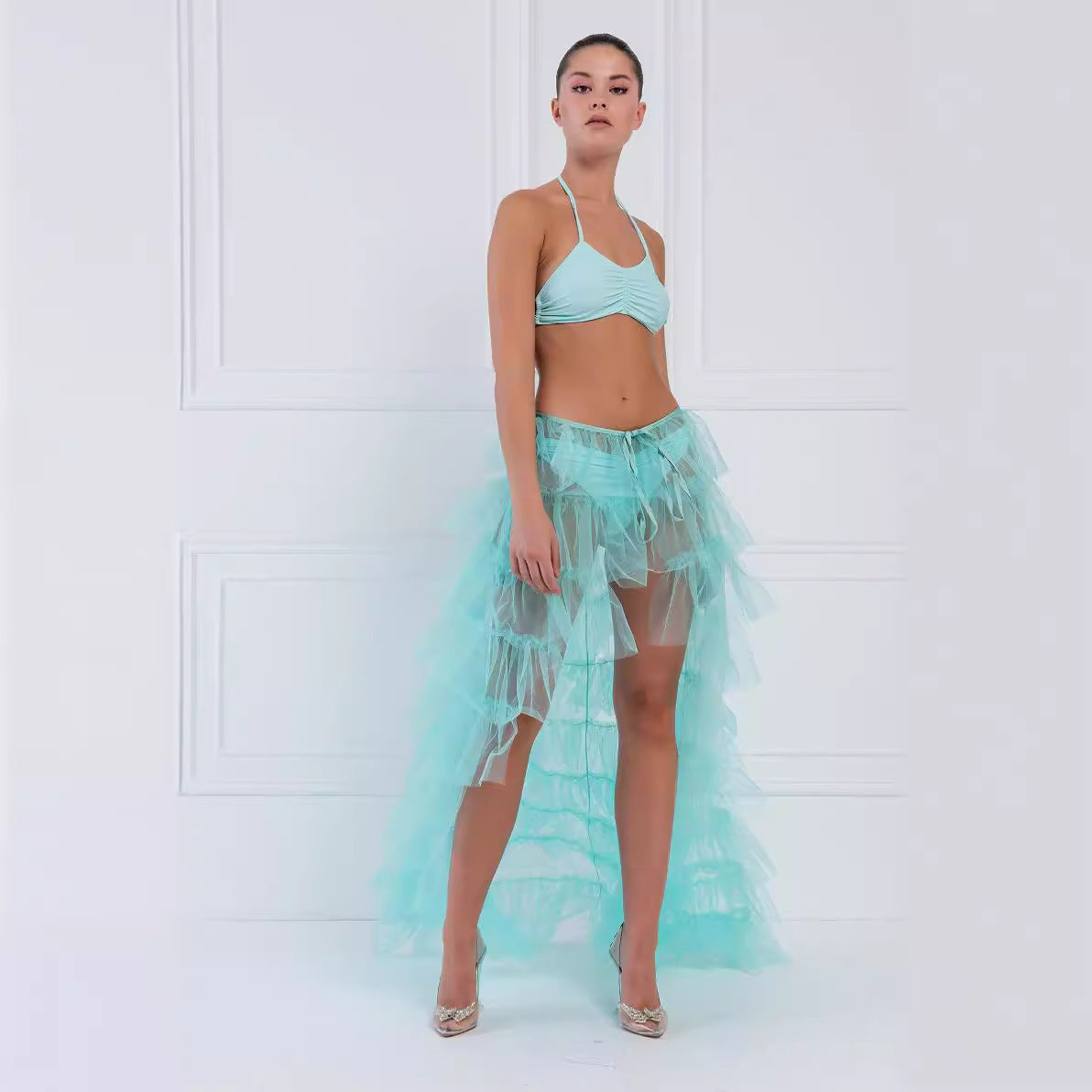 Elegant Mesh Pleated High Waist Large Skirt