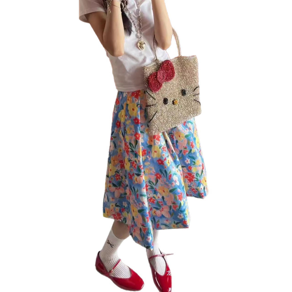 Women's Floral Bubble Small Summer High Waist Flowers Print Skirt
