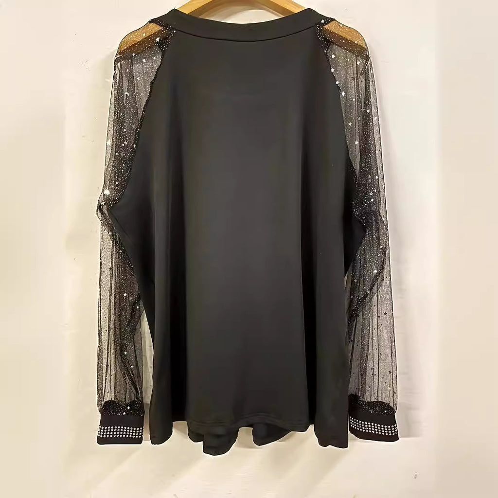 Cool Glamorous Rhinestone Sleeve Mesh Highlight Tops