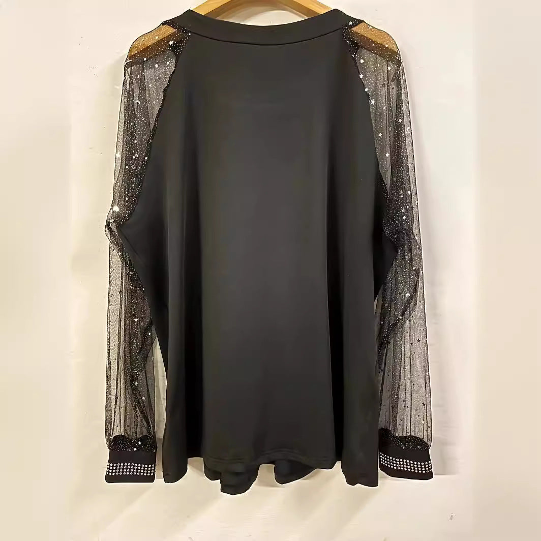 Cool Glamorous Rhinestone Sleeve Mesh Highlight Tops